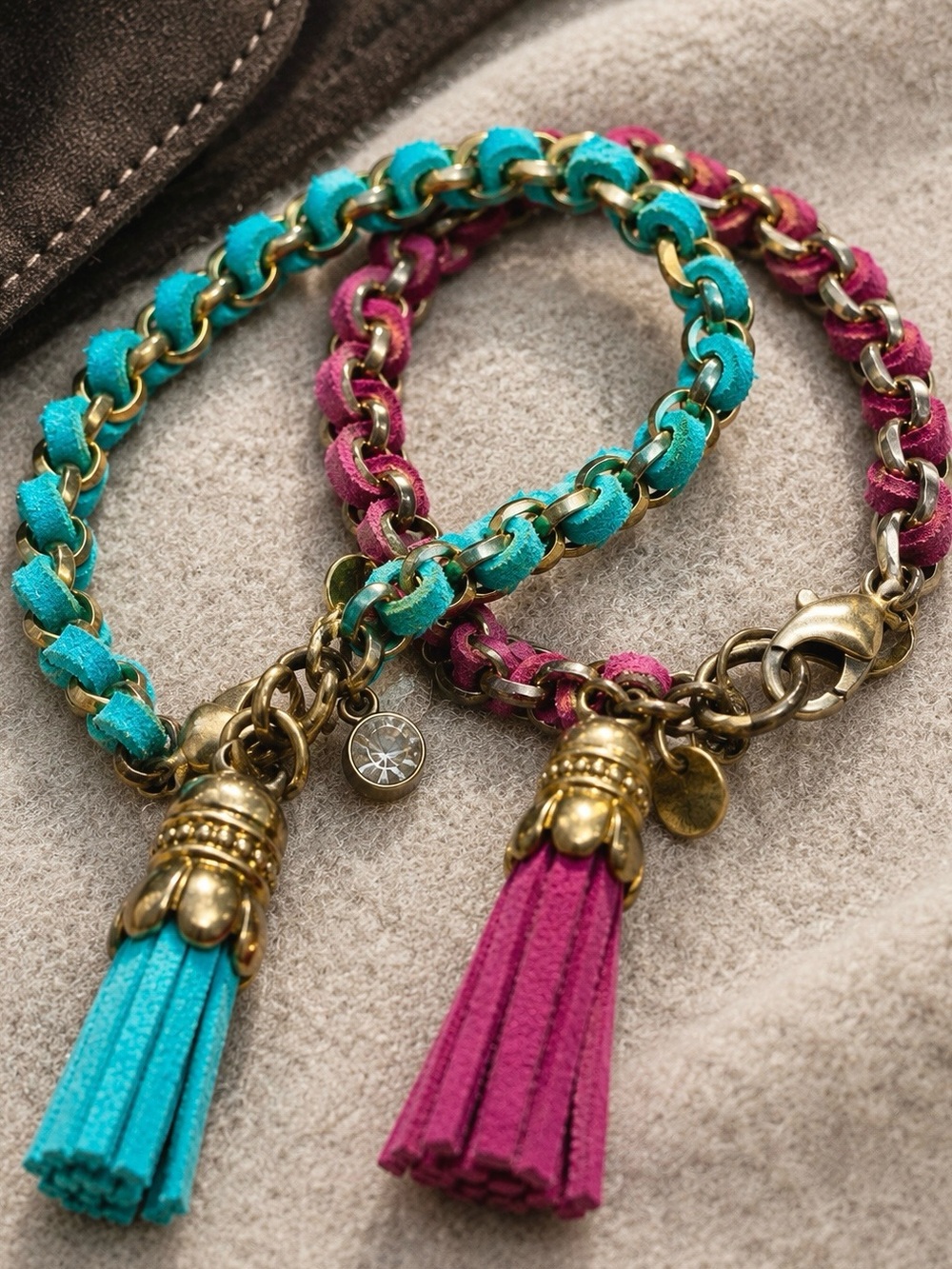 Cara NY Chain Link Bracelet Braided Suede Turquoise Magenta Boho Set of 2